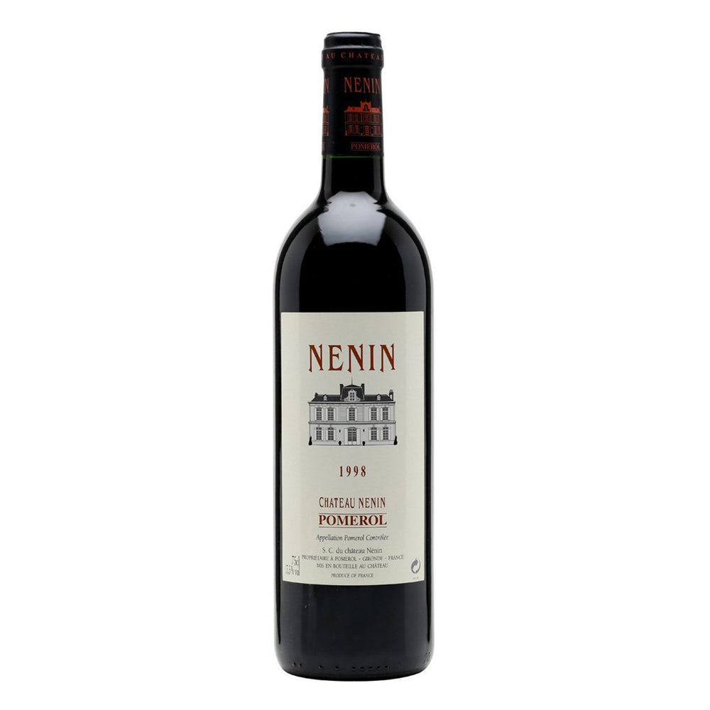 Château Nenin Pomerol Red wine bottle with white label showing sketch of chateaux