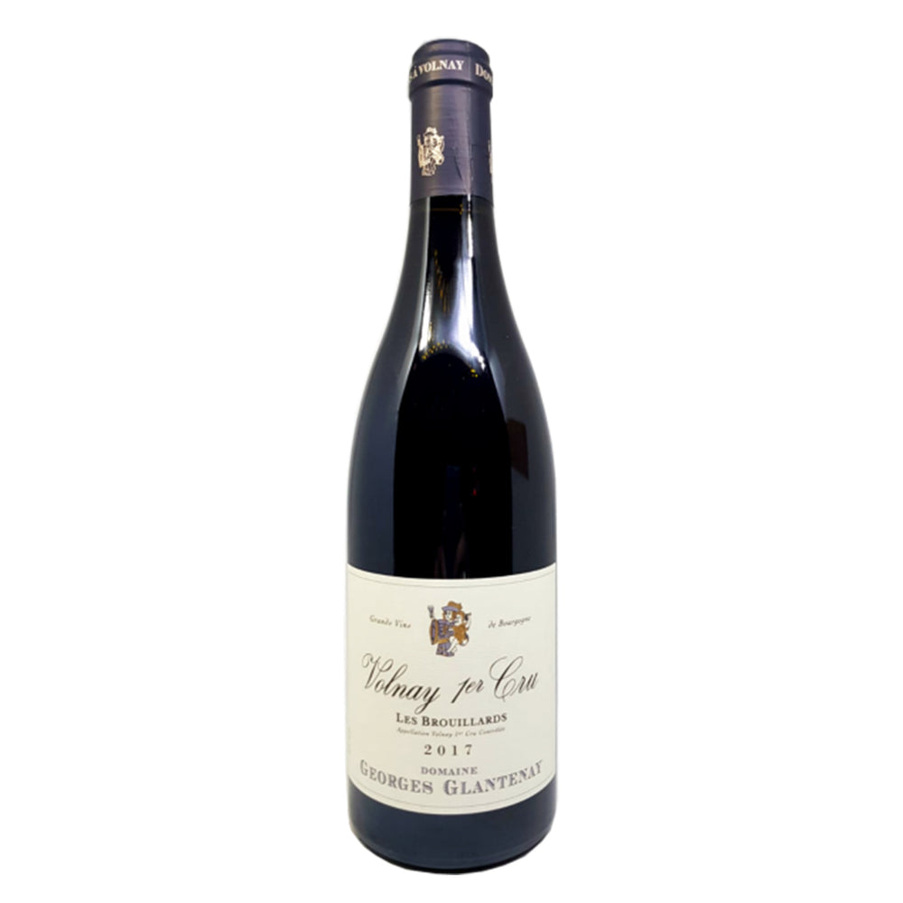 Domaine Georges Glantenay Volnay 1er Cru Les Brouillards red wine bottle with purple top and classic white label