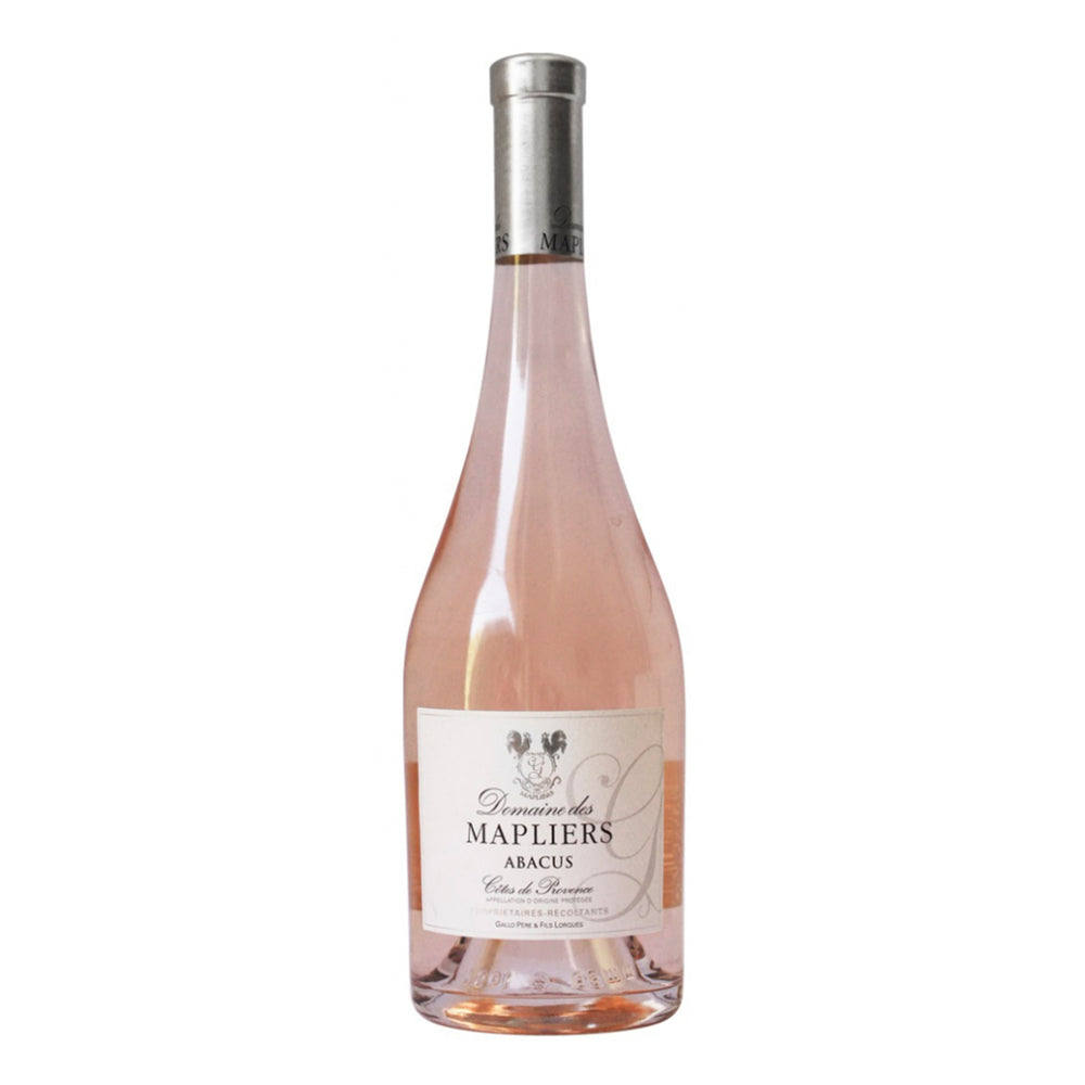 Domaine des Mapliers Abacus Rose Bottle with silver foil top and white label showing Mapliers coat of arms